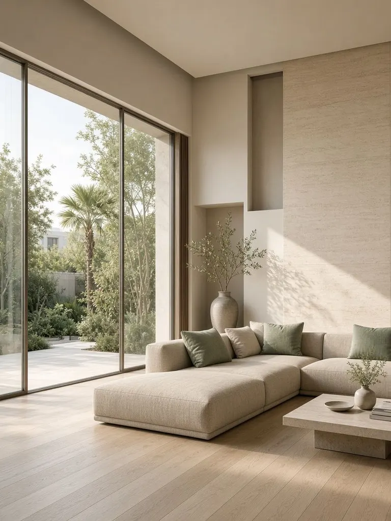 Conceptual contemporary villa living room with garden light